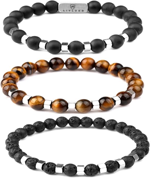 LONDON Mens Bracelet Leather Black Multi-Layer Stone Beads Adjustable Steel Clasp Viking Rope Bands Surfer Man Wristband Male UK Jewellery Gift box Boyfriend Dad Son Brother Tiger Eye
