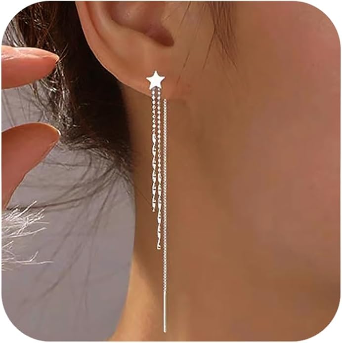 925 Sterling Silver Tassel Chain Dangle Earrings for Women Sparkling Long Fringe Dangle Drop Earrings Bling Line Minimalist Wedding Studs Earring Jewelry Birthday Christmas Gifts for Her