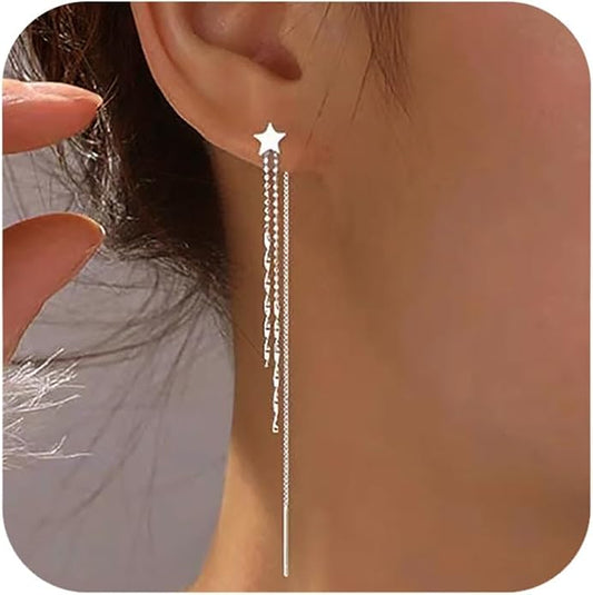 925 Sterling Silver Tassel Chain Dangle Earrings for Women Sparkling Long Fringe Dangle Drop Earrings Bling Line Minimalist Wedding Studs Earring Jewelry Birthday Christmas Gifts for Her