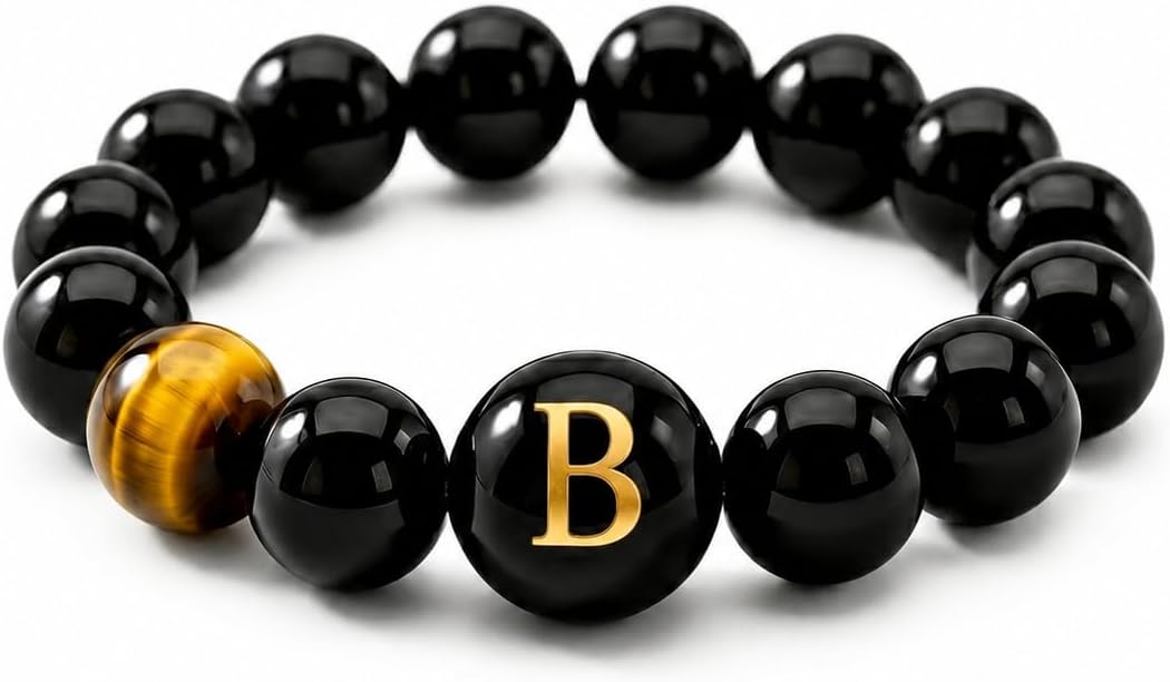 Initial Ring for Women, Black Onyx Beaded Stretch Letter Ring | Personalized-style A-Z initial ring with black onyx beads, shell letter bead, stretch fit, and gift-ready box