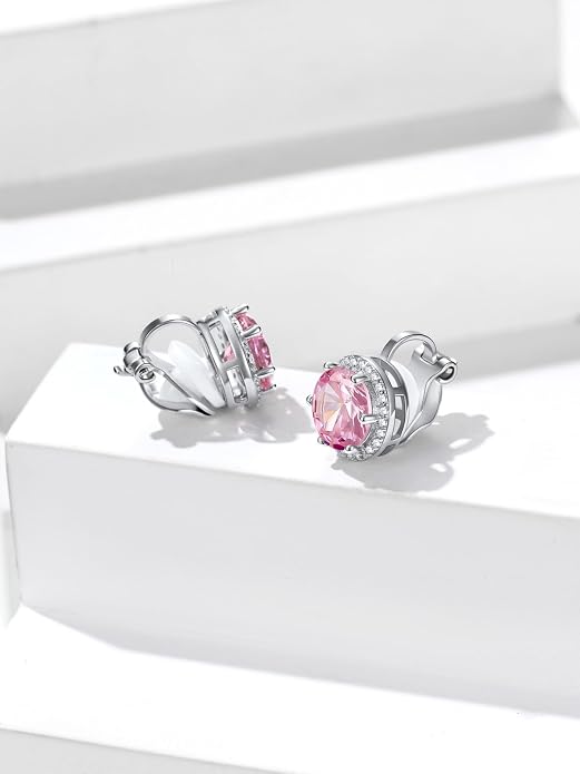 Silvora 925 Silver 8MM Cubic Zirconia Birthstone Clip On Stud Earrings Round Non Pierced Earrings For Women,Come with Box