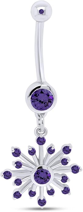 AFFY Snowflake Belly Button Ring for Women Simulated Birthstone, Round Cut Gemstone in 14K Gold Over 925 Sterling Silver, Navel Barbell Piercing Jewelry for Her