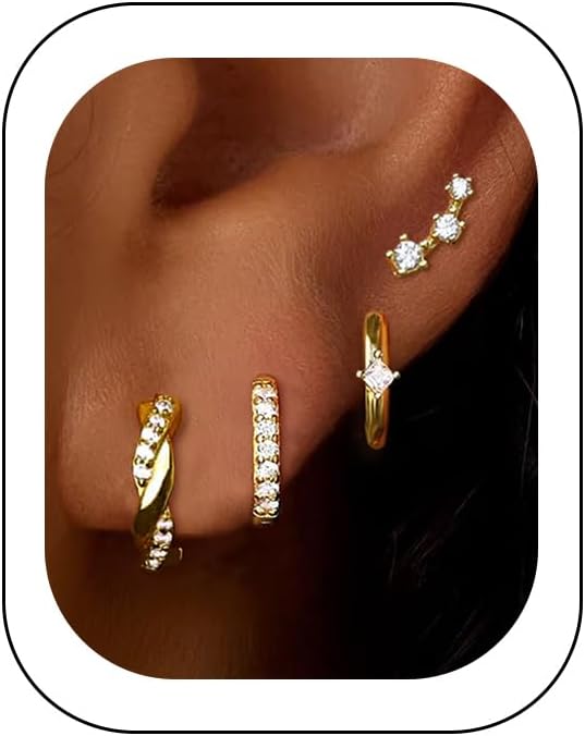 6 Pairs 14K Gold Plated Stud Earrings for Women, Hypoallergenic Cartilage Earrings for Multiple Piercing, Dainty Small Stackable Earrings Set for Jewelry Gift