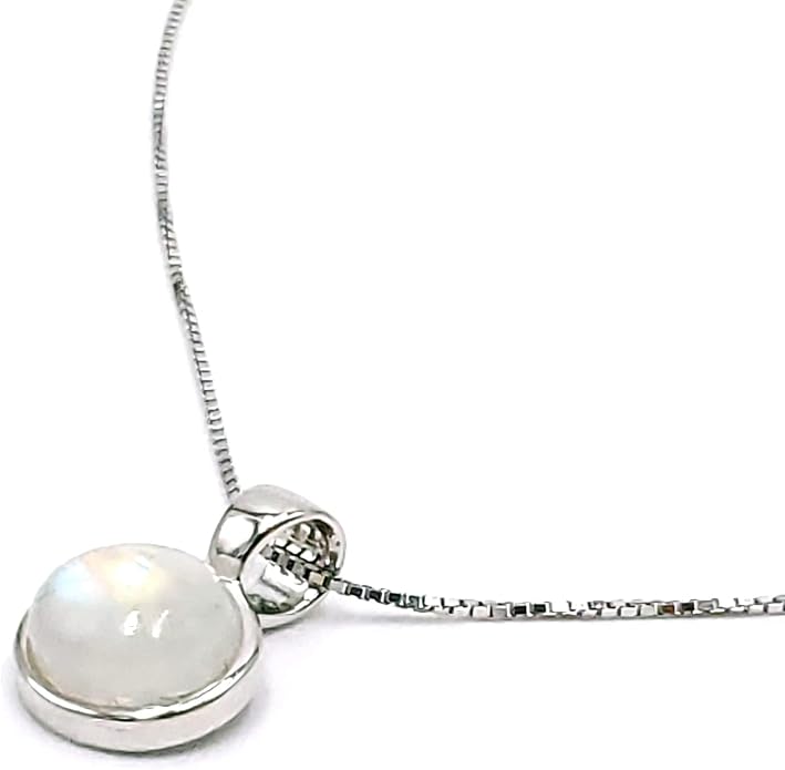 Natural gemstone 8mm round pendant with white gold over 925 sterling silver bezel cabochon plate and box chain, real genuine dainty birthstone gift for her, uniquelan jewelry