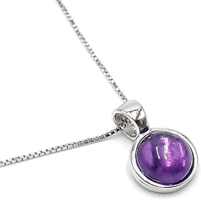 Natural gemstone 8mm round pendant with white gold over 925 sterling silver bezel cabochon plate and box chain, real genuine dainty birthstone gift for her, uniquelan jewelry