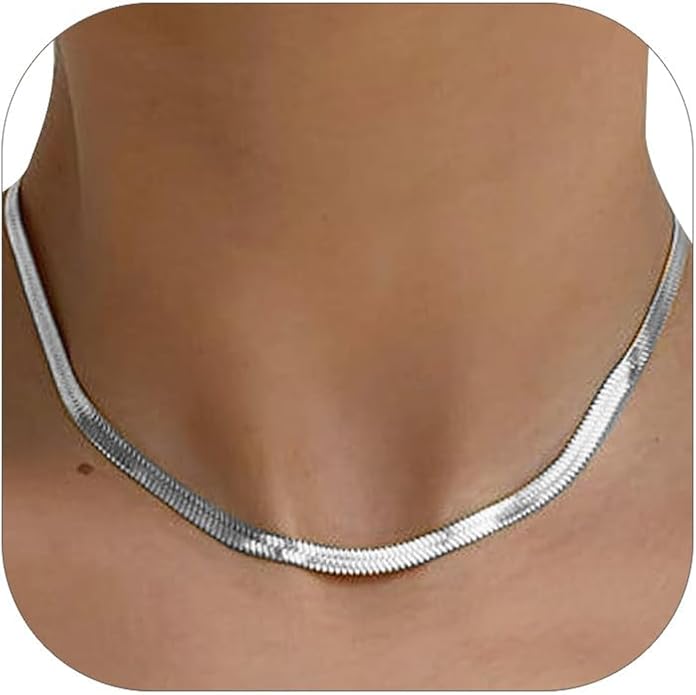 FOCALOOK 14K Gold Plated Necklaces for Women, Fashion Herringbone Choker Necklace Stainless Steel Flat Snake Chain 3/5MM(W) 12.5"/15"/18"+3.5"(L)