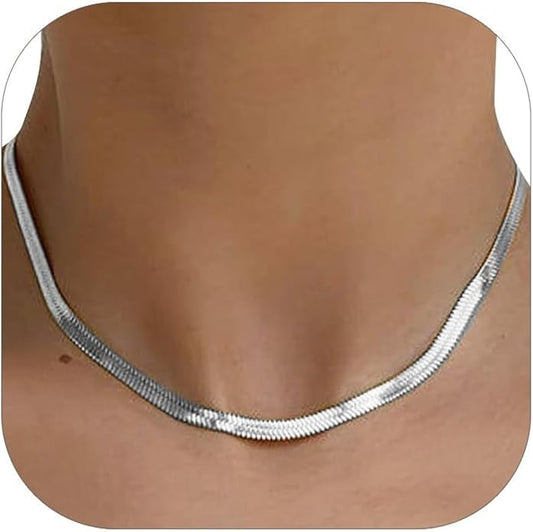 FOCALOOK 14K Gold Plated Necklaces for Women, Fashion Herringbone Choker Necklace Stainless Steel Flat Snake Chain 3/5MM(W) 12.5"/15"/18"+3.5"(L)