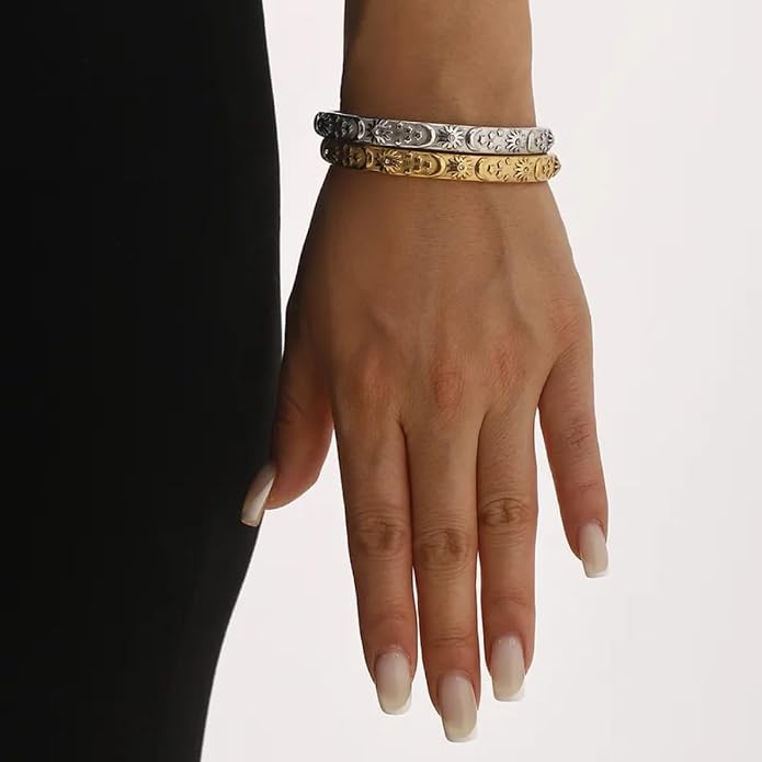 Pierced Owl 304 Stainless Steel Sun Moon and Star Lined Open Cuff Bangle Bracelet