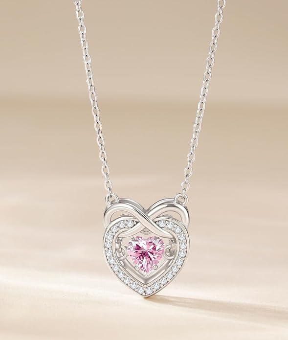 Trendy Dainty Infinity Birthstone Necklace, Dancing Heart 18K White Gold Plated 925 Sterling Silver Heart Necklace, Romantic Love Jewelry Graduation Gifts for Women Her