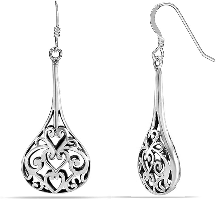 LeCalla 925 Sterling Silver Filigree Dangle Drop Earrings | Lightweight Antique Balinese Teardrop Dangle Drop Earring for Women