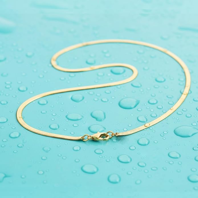Gold Herringbone Chain Necklace For Women - 18K PVD Gold Waterproof & Sweatproof Non Tarnish Choker Necklace - 16 Inch - Family Owned Brand - Made in USA