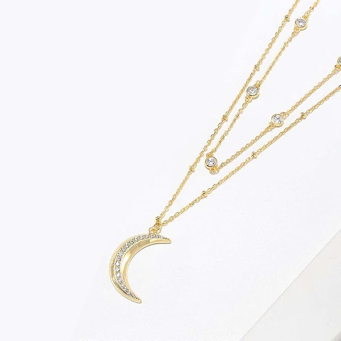 Dainty 2 Layered Choker Necklace S925 Sterling Silver Multilayer Moon Necklace Layering Necklace Celestial Jewelry for Women