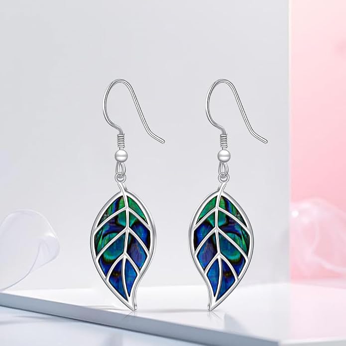 Leaf Earrings for Women Sterling Silver Opal Dangle Earrings Nature Green Blue Opal Drop Leaf Abalone Shell Jewelry Gifts