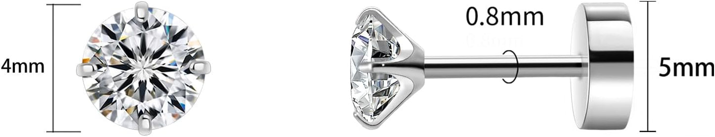 Titanium Earrings for Women Stud Earrings Cubic Zirconia Dainty Screw Flat Back Hypoallergenic Earrings for Women for Multiple Cartilage Helix Conch Tragus Piercing Jewelry for Sensitive Ears