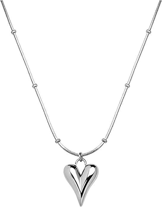 Heart Necklace for Women, Minimalist Pendant Choker Chain, Adjustable Delicate Jewelry in Silver Tone