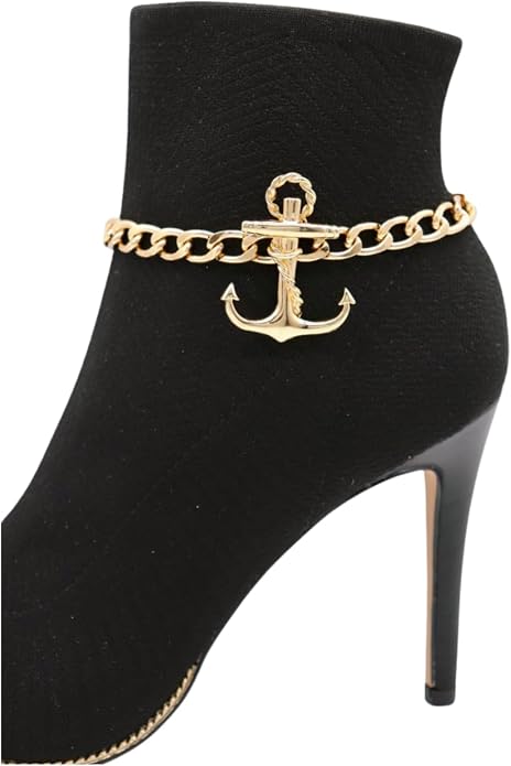 Women Western Fashion Jewelry Gold Metal Boot Chain Bracelet Shoe Anklet Anchor Charm SET BC212