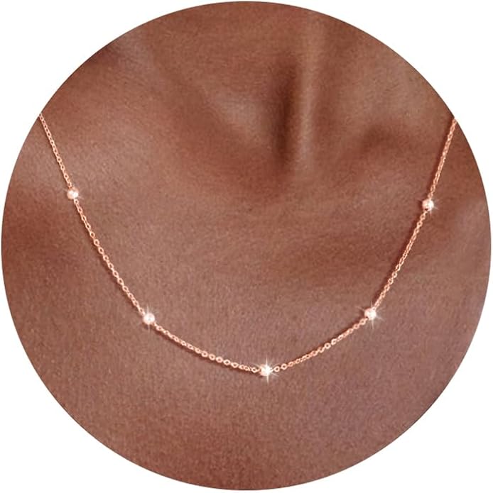 Carffordo 925 Sterling Silver Chain Necklace 16K Gold Plated Beaded Chain Necklace for Women Simple Dainty Choker Necklace Satellite Waterproof Link Necklace Trendy Jewelry Gifts