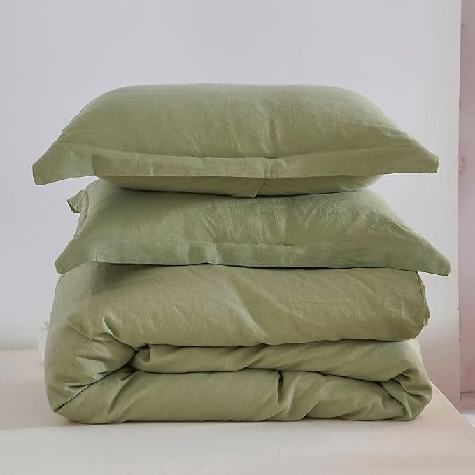 Simple&Opulence 100% Linen Duvet Cover Set 2pcs Basic Style Natural French Washed Flax Solid Color Soft Breathable Farmhouse Bedding with Button Closure - Sage Green, Twin