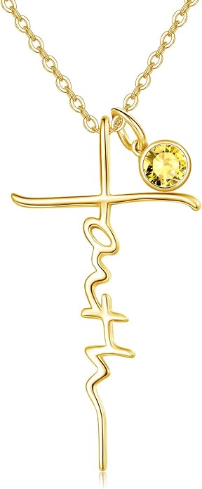 PRAYMOS Faith Cross Necklace for Women 925 Sterling Silver Pendant Necklace With Birthstone Initial Christian Religious Confirmation Baptism Mothers Day Gifts