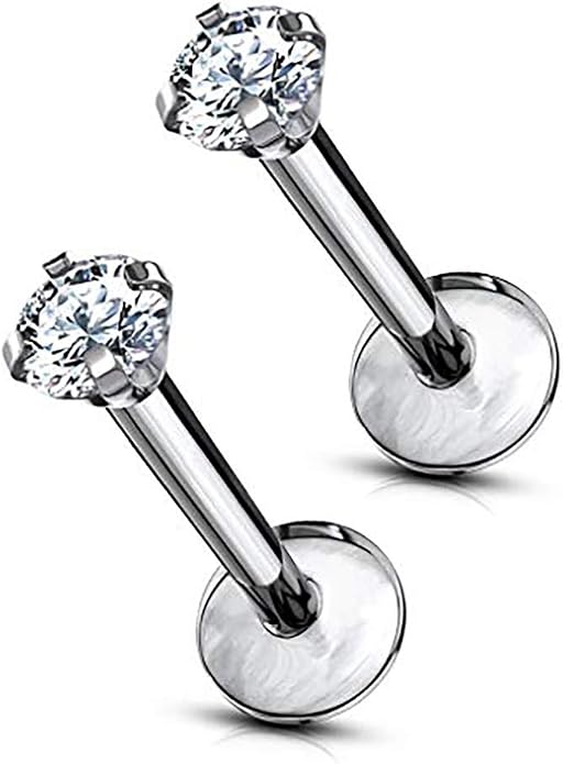 16 g Titanium Internally Threaded Tragus Piercing Jewelry CZ Top Flat Back Piercing Nose Studs Earring, Helix, Cartilage, Labret, Monroe for Women or Men