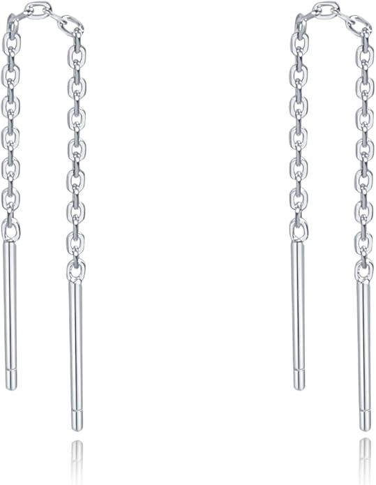 S.Leaf S925 Sterling Silver Threader Chain Earrings 18K Gold Plated Cubic Zirconia Dainty Dangle Double Piercing Long Drop Dangly Pull Through Tassel Chain Earrings Gifts for Women