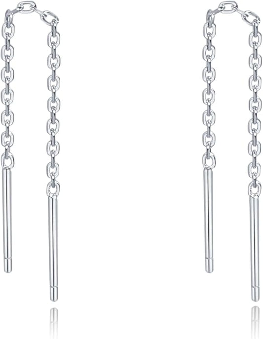 S.Leaf S925 Sterling Silver Threader Chain Earrings 18K Gold Plated Cubic Zirconia Dainty Dangle Double Piercing Long Drop Dangly Pull Through Tassel Chain Earrings Gifts for Women