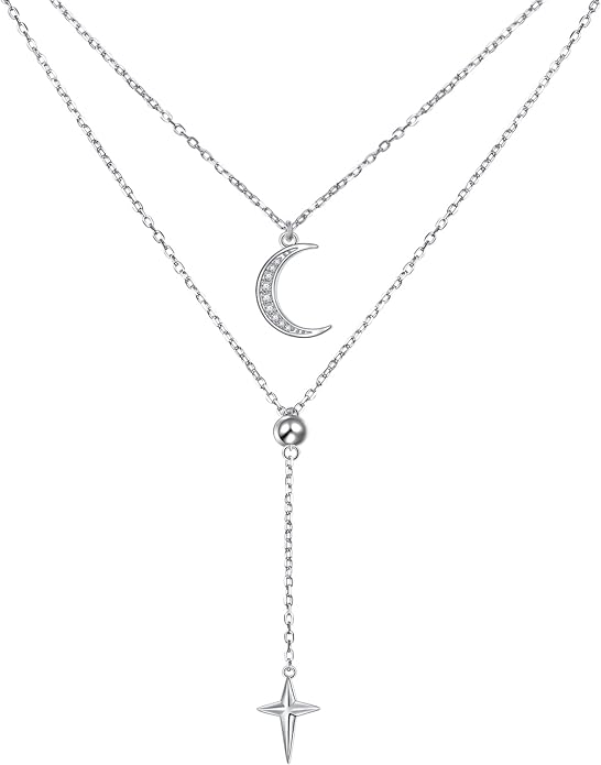 Layered Choker Necklaces for Women S925 Sterling Silver Circle/Heart/Cross/Star Multi Layered Necklace Handmade Bead Chain Adjustable Jewelry for Birthday
