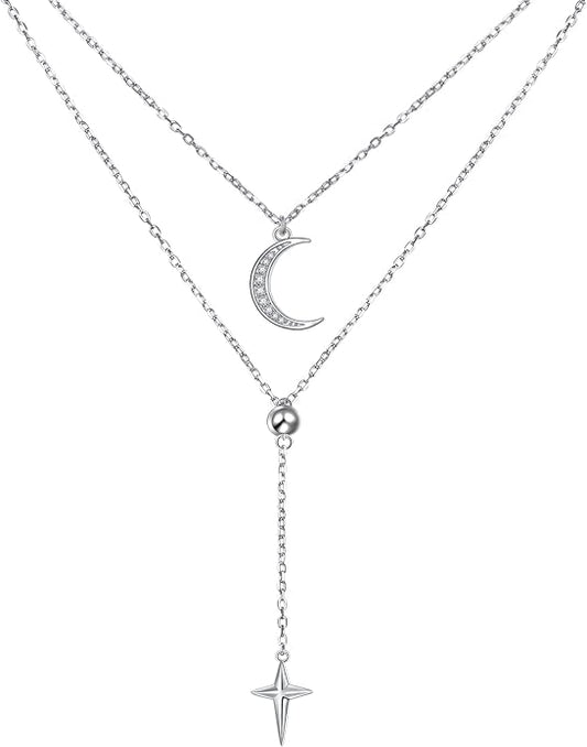 Layered Choker Necklaces for Women S925 Sterling Silver Circle/Heart/Cross/Star Multi Layered Necklace Handmade Bead Chain Adjustable Jewelry for Birthday