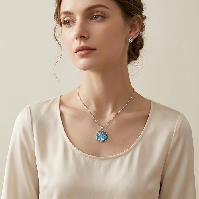Tree of Life Necklace 18K White Gold Plated Turquoise/Pearl Shell/Malachite/Abalone Shell/Blue Opal/Black Onyx Tree Necklace Jewelry Gift for Women Men,22+2"