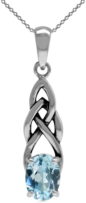 Silvershake 8X6mm Oval Shape Birthstone Gemstone Antique Finishing or Yellow Gold Plated 925 Sterling Silver Celtic Knot Weave Solitaire Pendant or Pendant with 18 Inch Chain Necklace Jewelry for Women