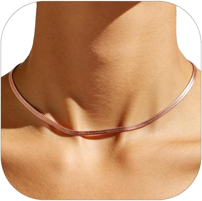 FOCALOOK 14K Gold Plated Necklaces for Women, Fashion Herringbone Choker Necklace Stainless Steel Flat Snake Chain 3/5MM(W) 12.5"/15"/18"+3.5"(L)