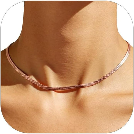 FOCALOOK 14K Gold Plated Necklaces for Women, Fashion Herringbone Choker Necklace Stainless Steel Flat Snake Chain 3/5MM(W) 12.5"/15"/18"+3.5"(L)
