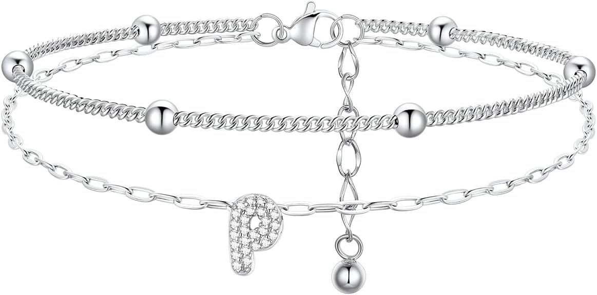 FindChic Silver/14K Gold Plated Layered CZ Initial Ankle Bracelet for Women | Waterproof Stainless Steel, Cubic Zirconia Letter Charm, Non-Tarnish, Hypoallergenic, Adjustable Extender, Summer Jewelry