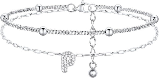 FindChic Silver/14K Gold Plated Layered CZ Initial Ankle Bracelet for Women | Waterproof Stainless Steel, Cubic Zirconia Letter Charm, Non-Tarnish, Hypoallergenic, Adjustable Extender, Summer Jewelry