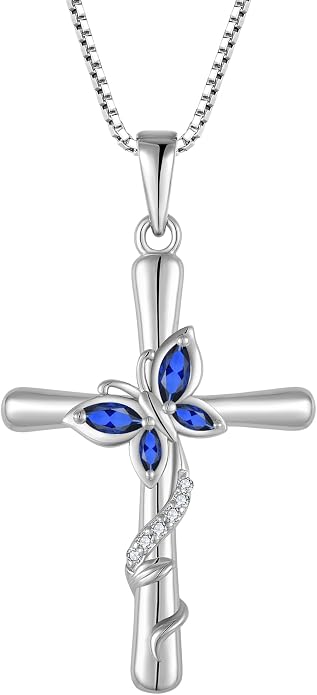 Cross Necklace for Women 925 Sterling Silver Butterfly Necklace Birthstone Pendant Created Gemstone Jewelry Gifts for Women