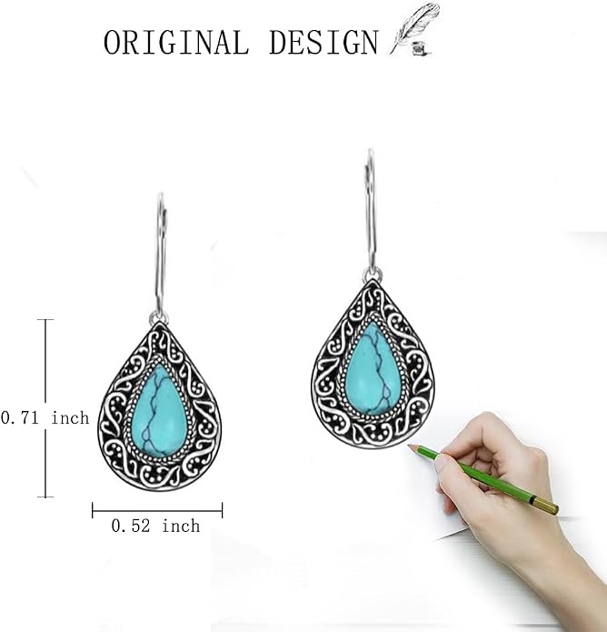 Teardrop Dangle Earrings for Women Turquoise Jewelry for Women 925 Sterling Silver Leverback Filigree Drop Dangle Earrings Filigree Jewelry