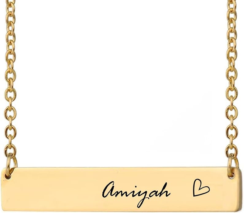 HUAN XUN Custom Bar Necklace Personalized Engraved Name Bar Necklace for Women Customized Stainless Steel Heart Pendant Bar Jewelry Gift for Her Mother Day Christmas