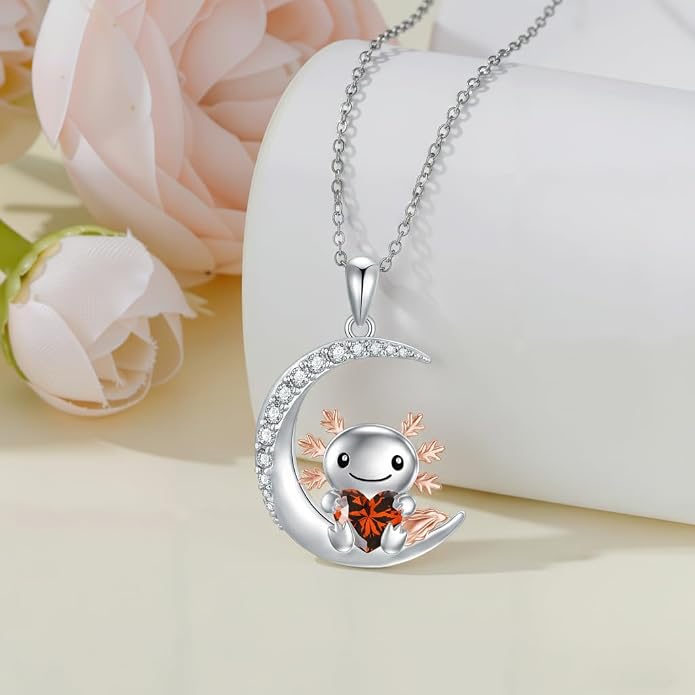 PROESS Animal Birthstone Necklace 925 Sterling Silver Otter/Axolotl/Hippo/Elephant/Dachshund/Monkey/Red Panda Pendant Necklace Animal Birthstone Jewelry Gifts for Women