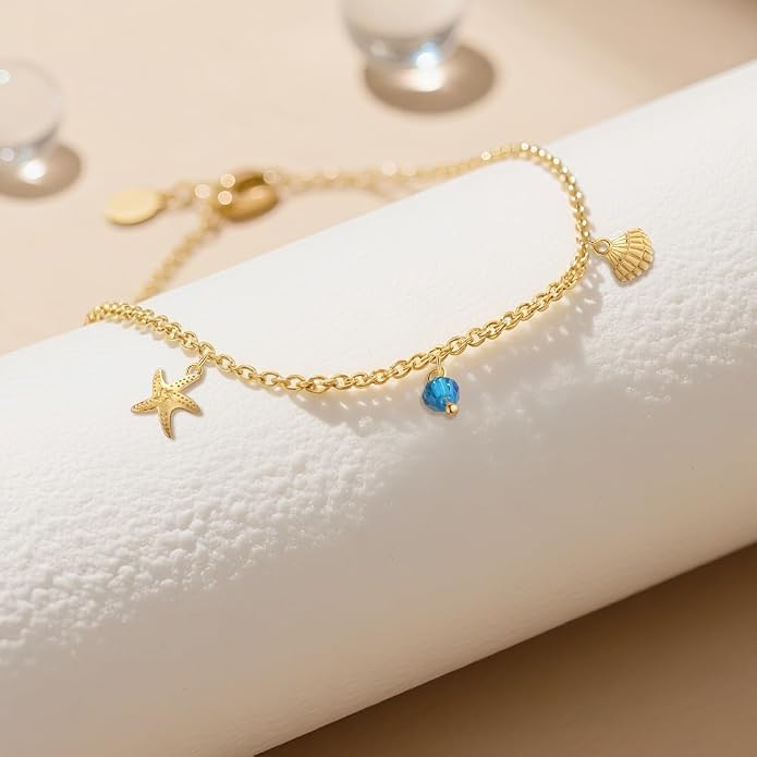 18K Gold Plated 925 Sterling Silver Ocean Anklet for Women, Dainty Starfish & Seashell Charm Beach Anklet Bracelet with Teal Blue Bead, Summer Foot Jewelry Gift