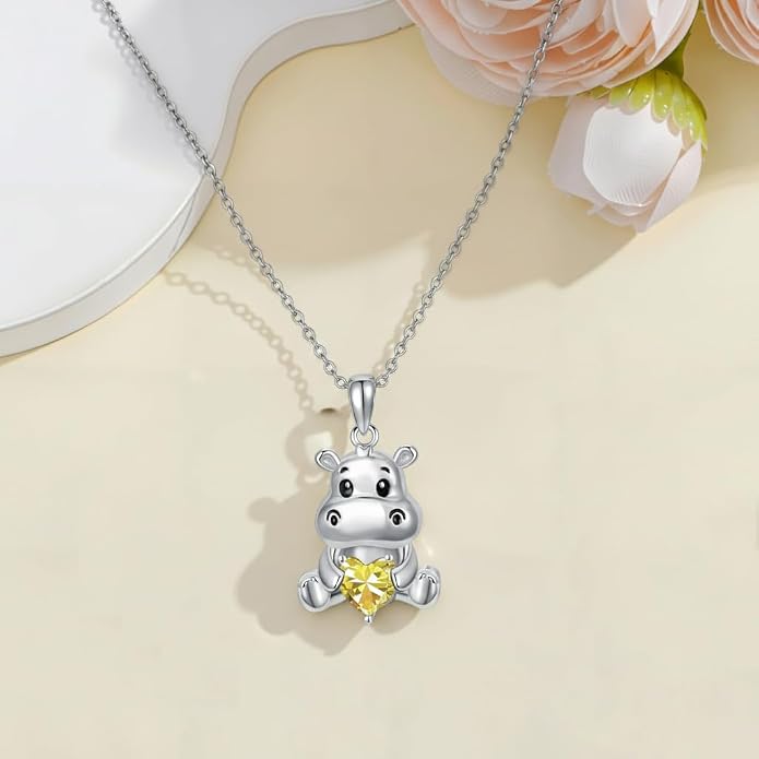 PROESS Animal Birthstone Necklace 925 Sterling Silver Otter/Axolotl/Hippo/Elephant/Dachshund/Monkey/Red Panda Pendant Necklace Animal Birthstone Jewelry Gifts for Women