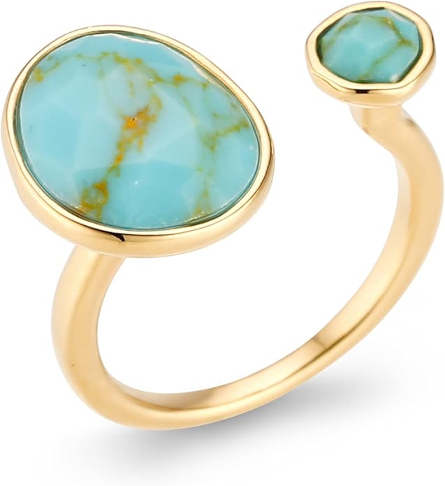 MJLULU Bold 14K Gold-Plated Statement Ring with Eye-Catching Simulated Blue Turquoise - Hypoallergenic & Lightweight, Exuding Boho Elegance - Simple Minimalist Jewelry