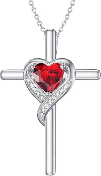TOUPOP Birthstone Cross Necklace for Women 925 Sterling Silver Heart Cross Pendant Necklace Mothers Day Birthday Jewelry Gifts for Mom Wife Her