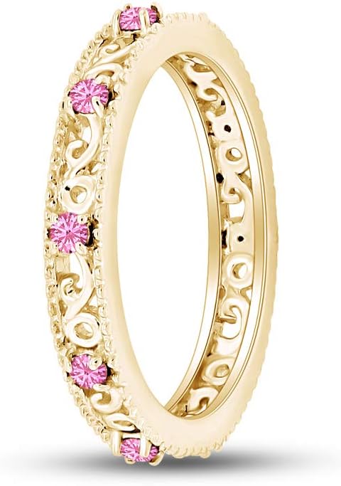 Jewel Zone US Filigree Eternity Wedding Band Ring for Women, Round Cut Simulated Gemstone Stackable Promise Ring in 14K Gold Plated 925 Sterling Silver Band Width 3.5mm – Elegant Jewelry for Her