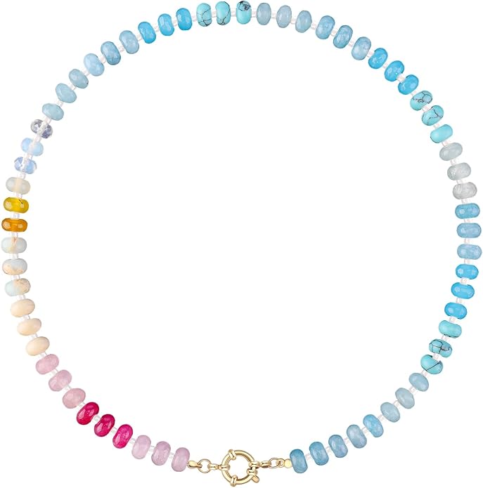 LALAPPLE Colorful Beaded Gemstone Necklace for Women, Boho Rainbow Bead Choker with Natural Stone Crystal Beads, Handmade Summer Beach Necklace Jewelry