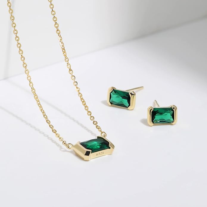 Meissa Square Emerald Earring Necklace Set for Women 925 Sterling Silver Emerald Earring Necklace Set Handmade Gold Necklace May Birthstone Jewelry Gift