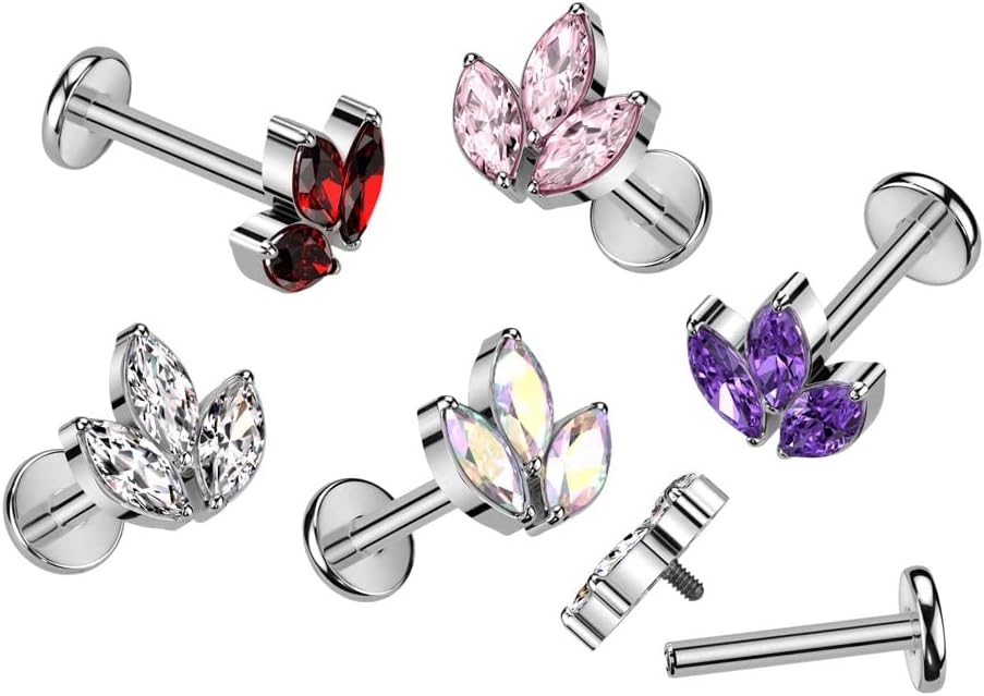 Pierced Owl 16GA F136 Implant Grade Titanium Internally Threaded CZ Crystal Marquise Top Flat Back Stud