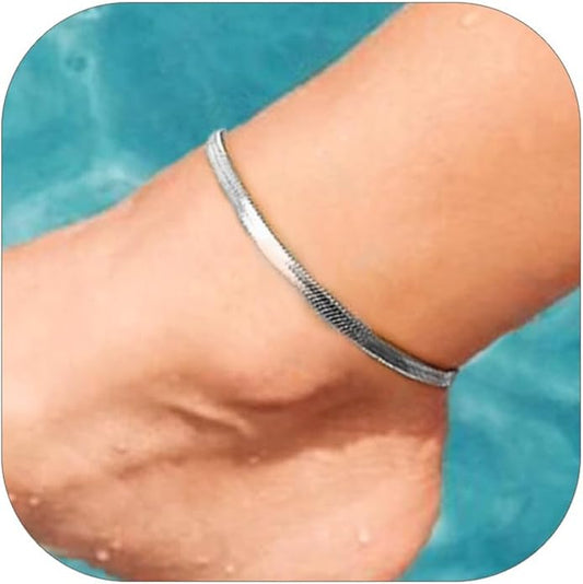 FOCALOOK 14K Gold Plated Anklets for Women Waterproof Plus Size Ankle Bracelet 8.5-10.5 Inch Adjustable Mariner/Figaro/Flat Snake/Cuban Link Chain Anklet Jewelry for Summer Beach Holiday