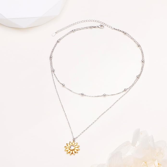 FLYOW Layered Choker Necklace S925 Sterling Silver Star Full Moon Daisy Flower Pendant Disc Jewelry Adjustable Clavicle Necklaces for Women Girls Birthday Gifts