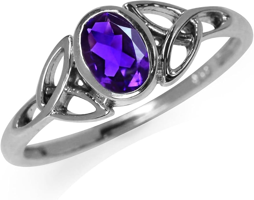 Silvershake 7x5MM Oval Shape Birthstone Gemstone White Gold Plated or 18K Yellow Gold Plated 925 Sterling Silver Triquetra Trinity Celtic Knot Solitaire Ring Jewelry for Women