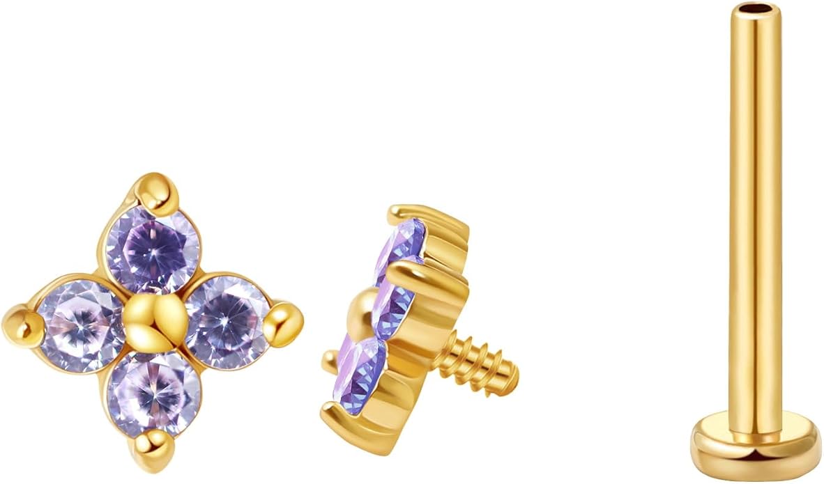FANSING CZ Flower Internally Threaded Flat Back Earring Labret Stud for Cartilage Tragus Helix Conch